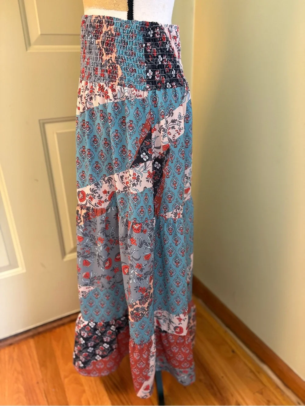 BOHO Printed Patchwork Smocked Waist Maxi Skirt size M - Picture 4 of 11